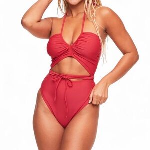 Adore Me OnePiece Swimsuit Sz 1XL Lettie Red Cutout Ruching and Halter Tie Beach
